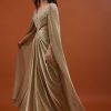 Mocha Brown Gown With A Pre-Pleated Dhoti Skirt And Royal Cape Sleeves - NOOR 2022
