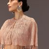 Nude Pleated Blouse With Tassel Cape And Dhoti Pants