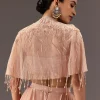 Nude Pleated Blouse With Tassel Cape And Dhoti Pants