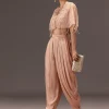 Nude Pleated Blouse With Tassel Cape And Dhoti Pants