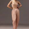 Nude Pleated Blouse With Tassel Cape And Dhoti Pants