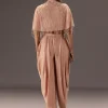 Nude Pleated Blouse With Tassel Cape And Dhoti Pants