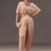 Nude Pleated Blouse With Tassel Cape And Dhoti Pants