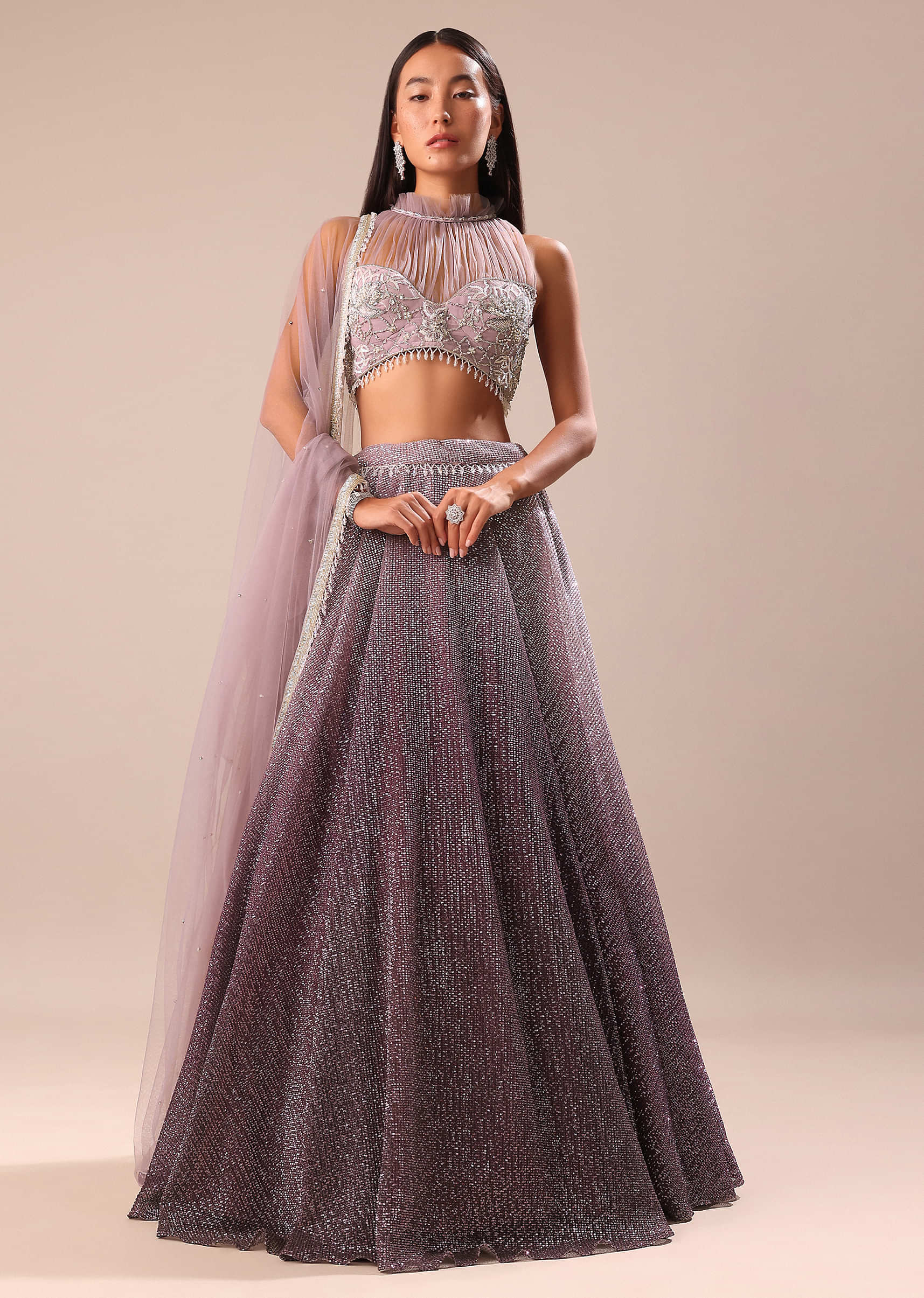 95-purple-ombre-sequin-lehenga-with-ruched-halter-blouse-1.jpg Purple Ombre Sequin Lehenga With Ruched Halter Blouse