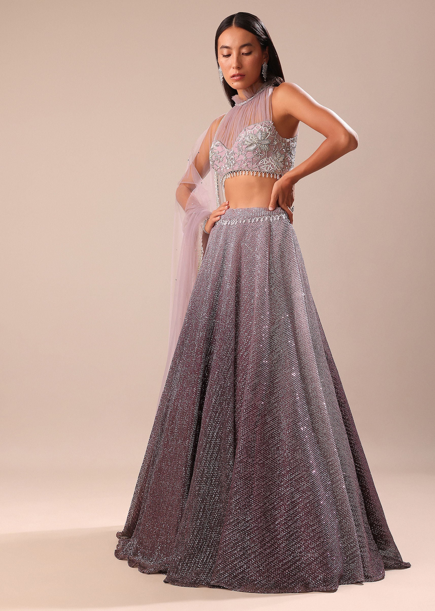 Purple Ombre Sequin Lehenga With Ruched Halter Blouse