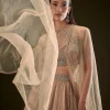 Beige Drape Dhoti Skirt With Embroidered Bustier And Long Cape