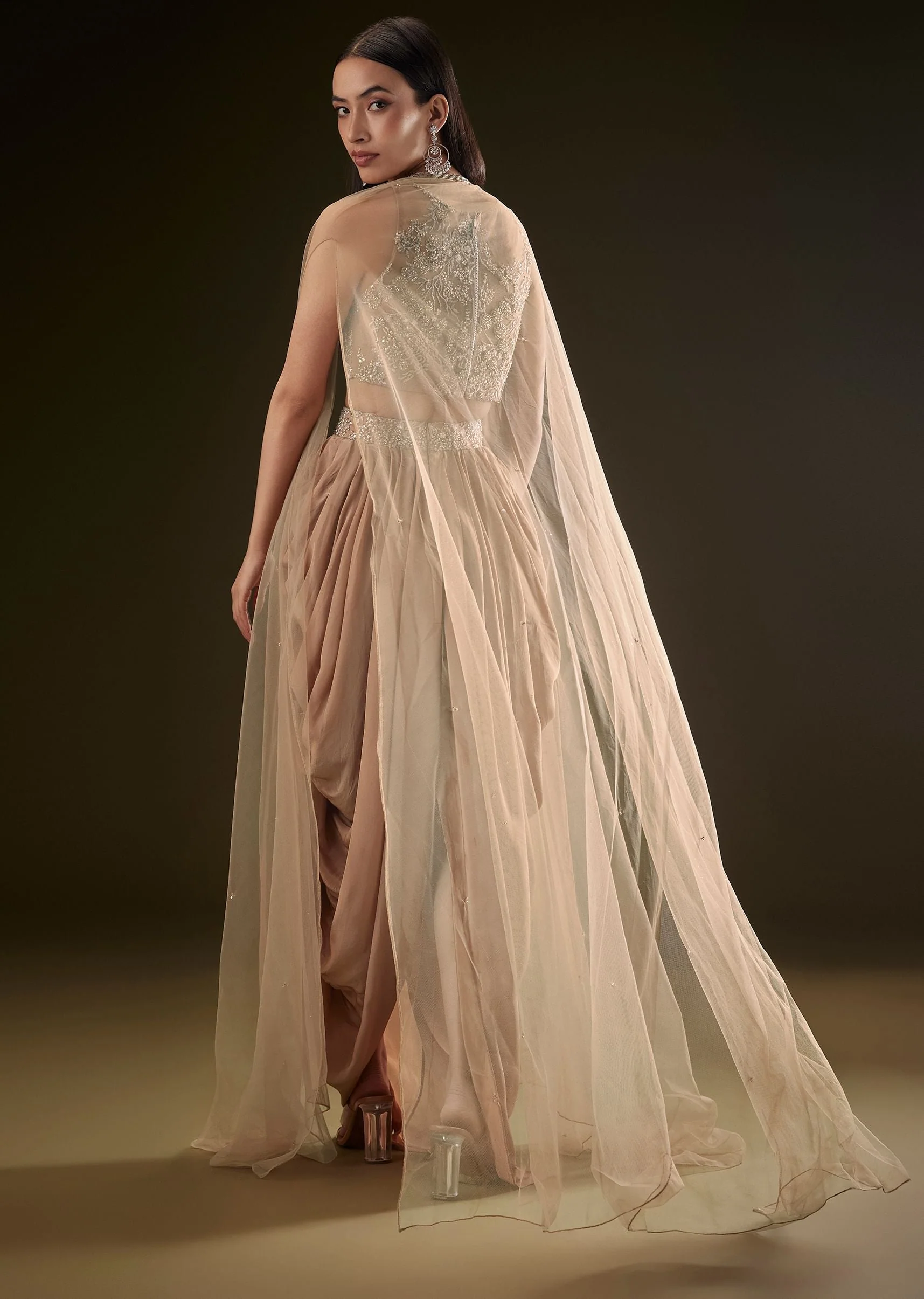 Beige Drape Dhoti Skirt With Embroidered Bustier And Long Cape