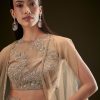 Beige Drape Dhoti Skirt With Embroidered Bustier And Long Cape