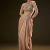 Beige Drape Dhoti Skirt With Embroidered Bustier And Long Cape