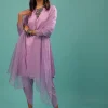 Lavender Purple Linen Silk Dhoti Suit With Floral Embroidered Organza Cuffs