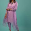 Lavender Purple Linen Silk Dhoti Suit With Floral Embroidered Organza Cuffs