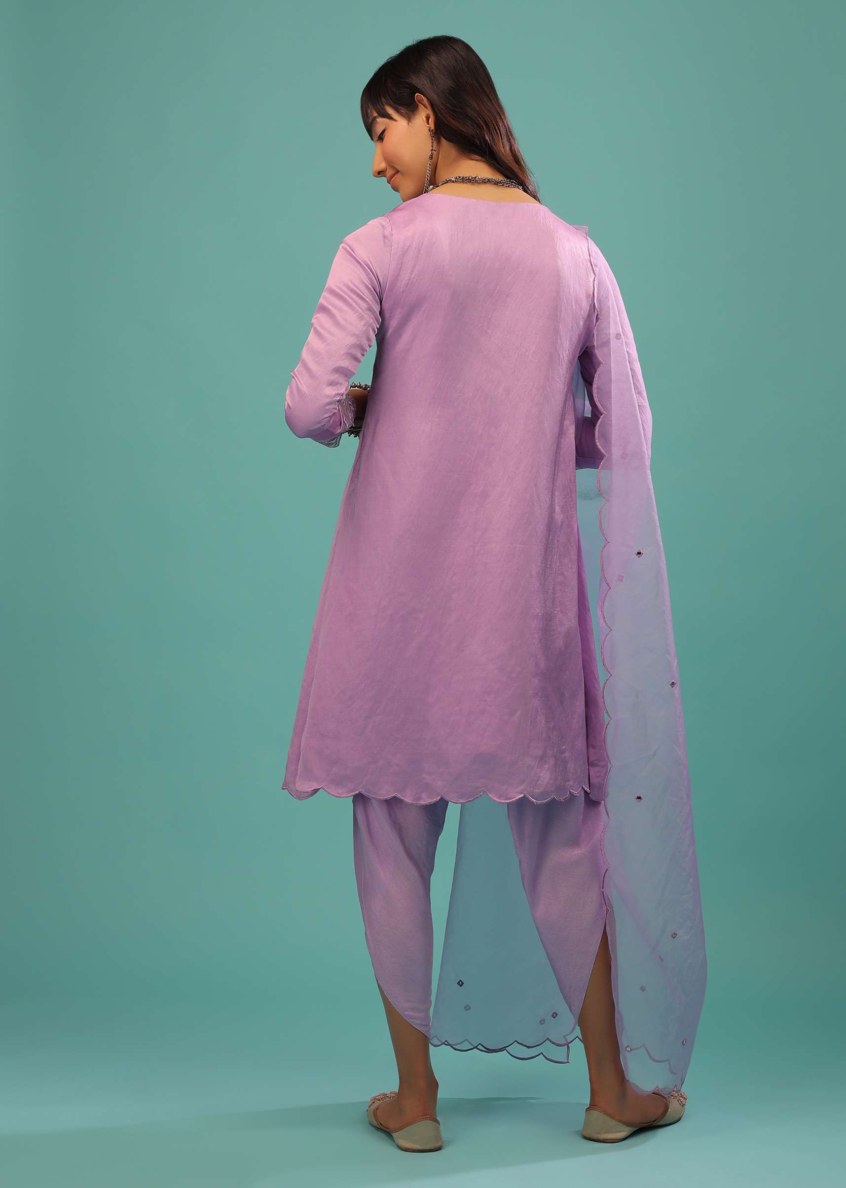 Lavender Purple Linen Silk Dhoti Suit With Floral Embroidered Organza Cuffs
