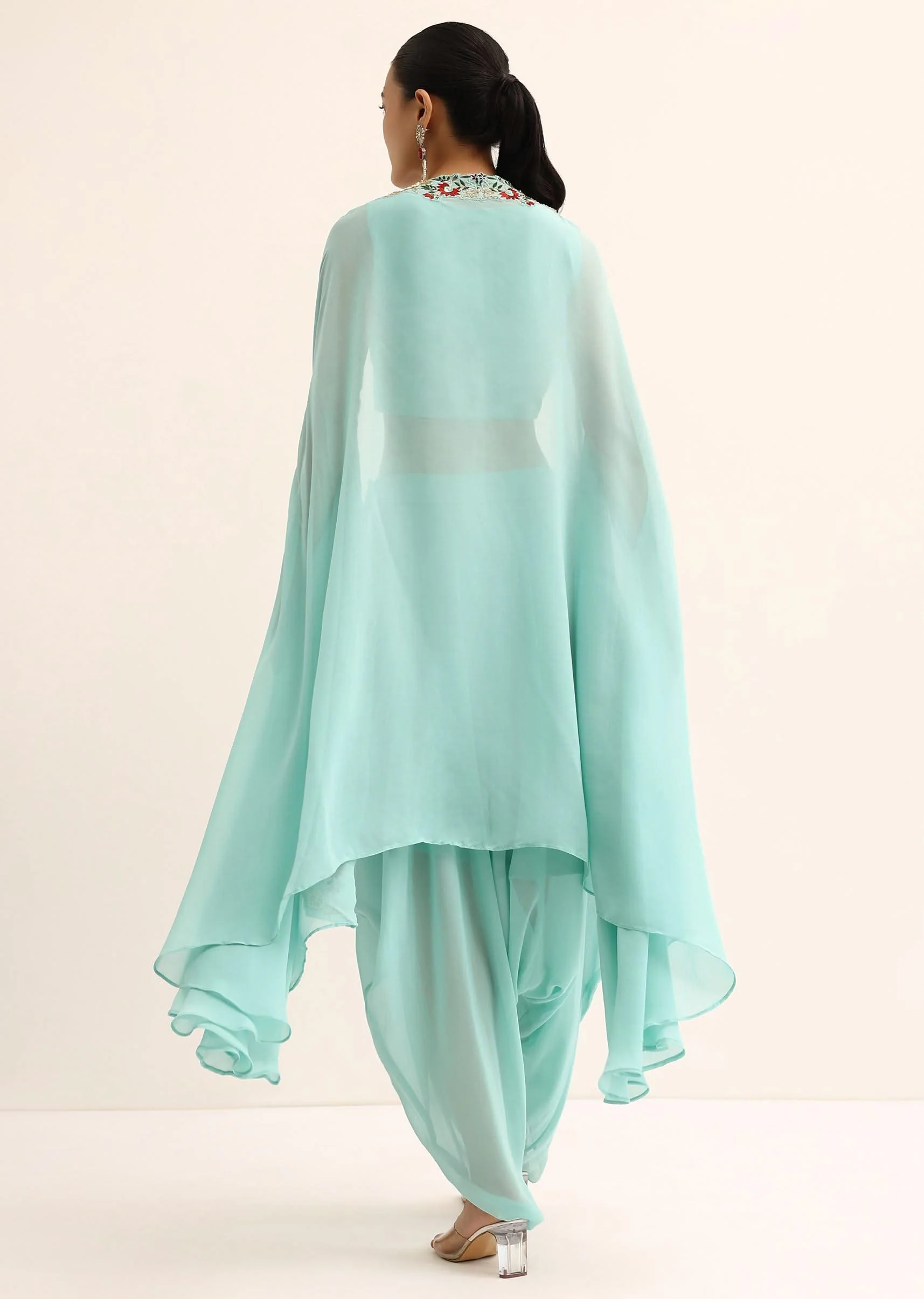 Blue Embellished Crop Top And Dhoti Set