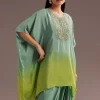 Aqua Green Ombre Moti Zardosi Kaftan Kurta Dhoti Set