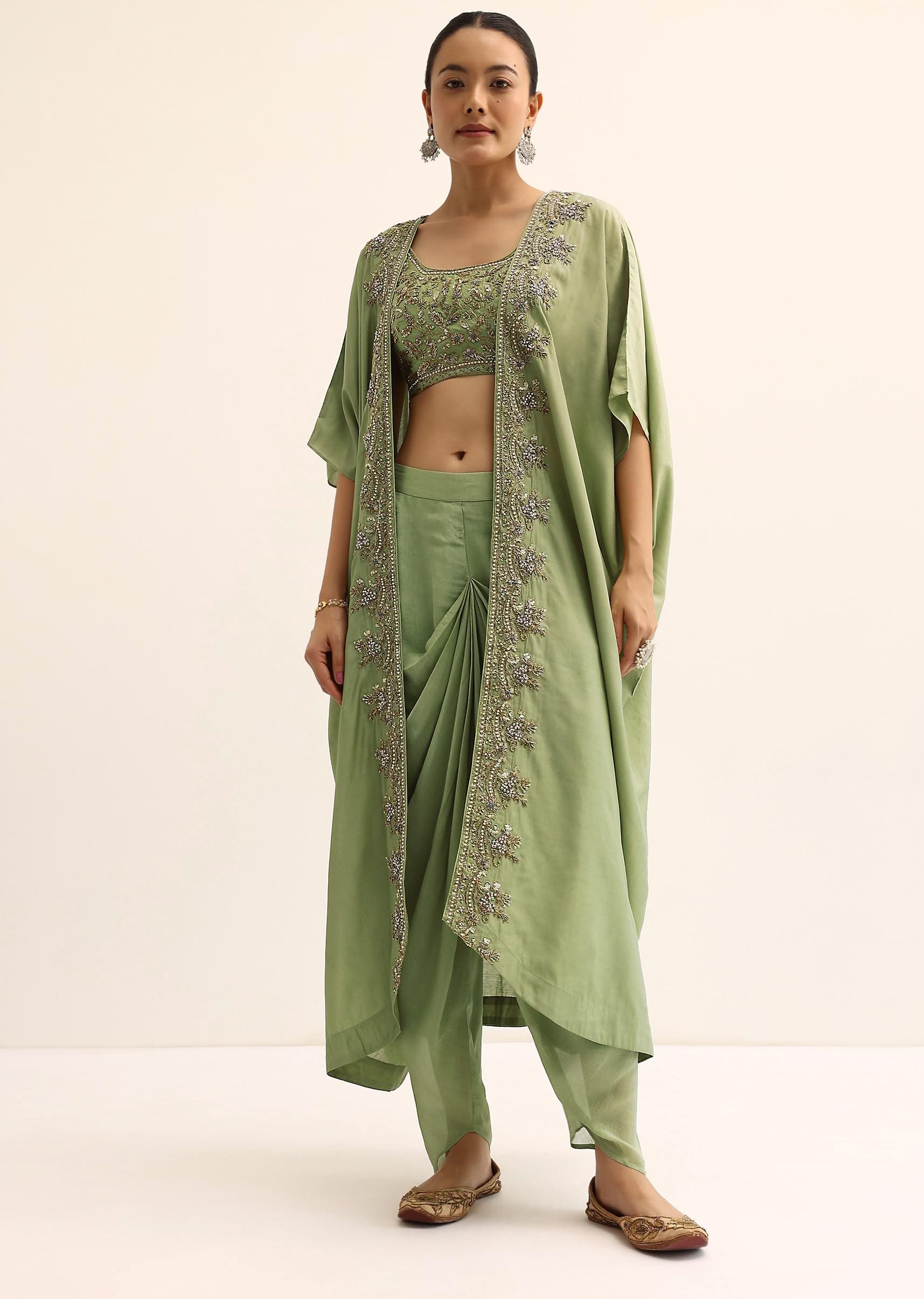 9588-green-embroidered-silk-croptop-with-jacket-and-dhoti-set-1.jpg Green Embroidered Silk Croptop With Jacket And Dhoti Set