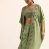 Green Embroidered Silk Croptop With Jacket And Dhoti Set