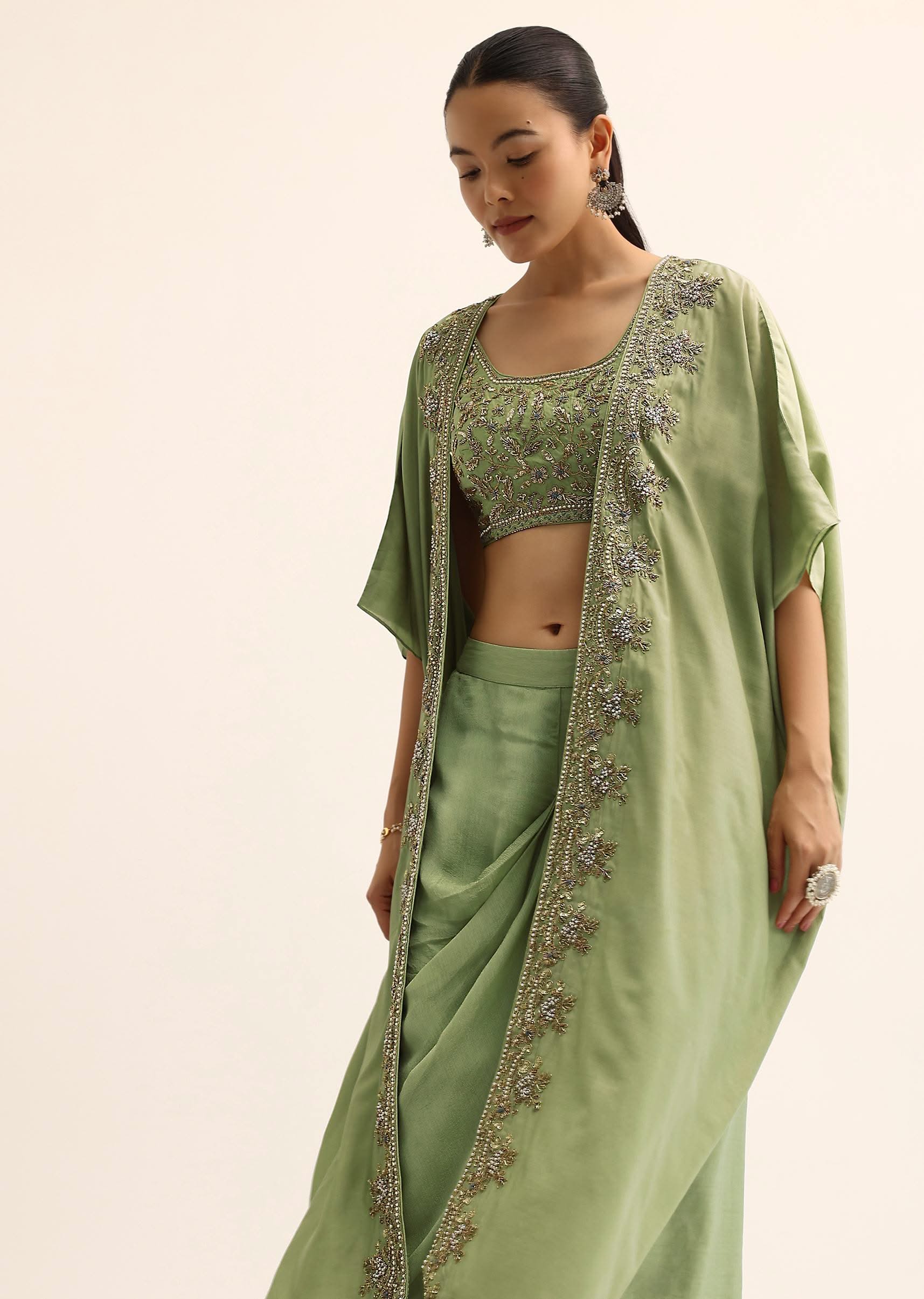 Green Embroidered Silk Croptop With Jacket And Dhoti Set