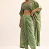 Green Embroidered Silk Croptop With Jacket And Dhoti Set