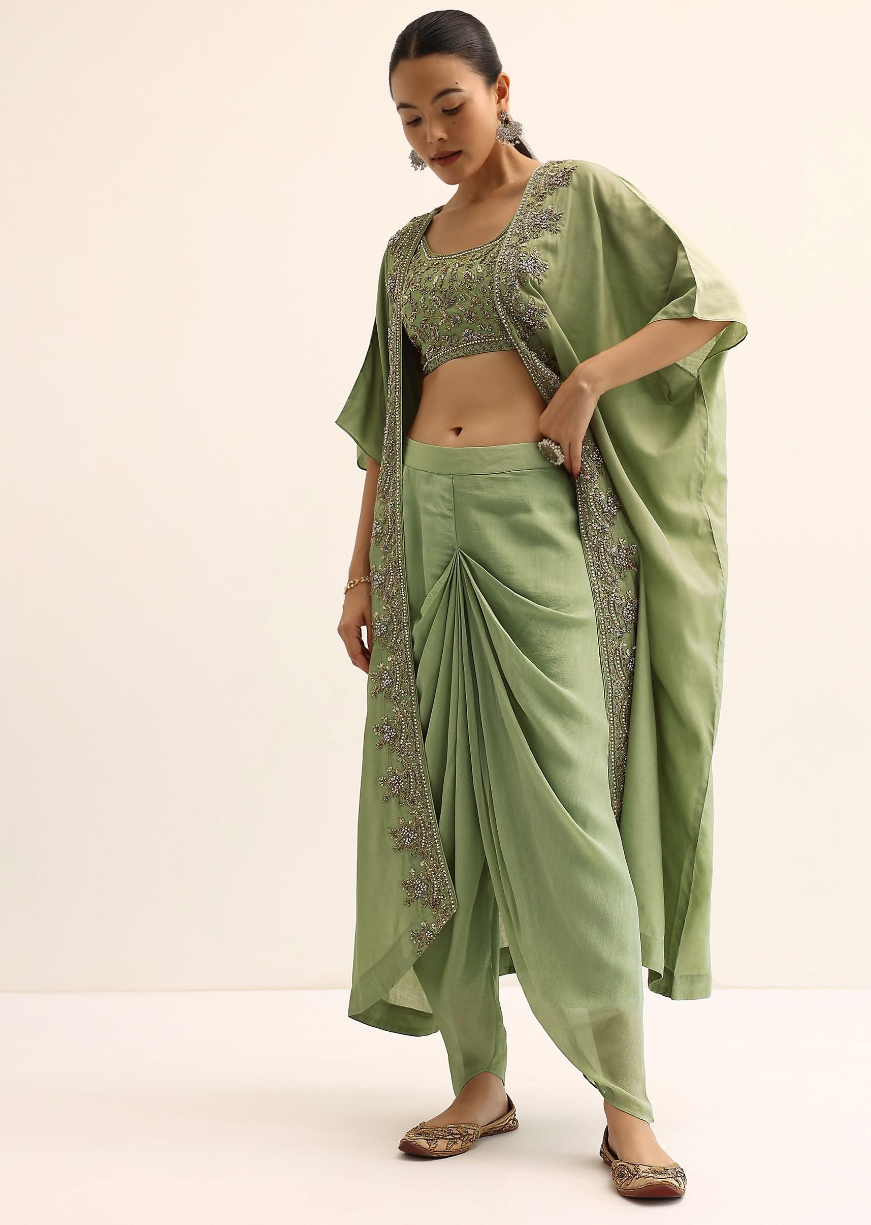 Green Embroidered Silk Croptop With Jacket And Dhoti Set
