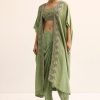 Green Embroidered Silk Croptop With Jacket And Dhoti Set