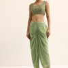 Green Embroidered Silk Croptop With Jacket And Dhoti Set