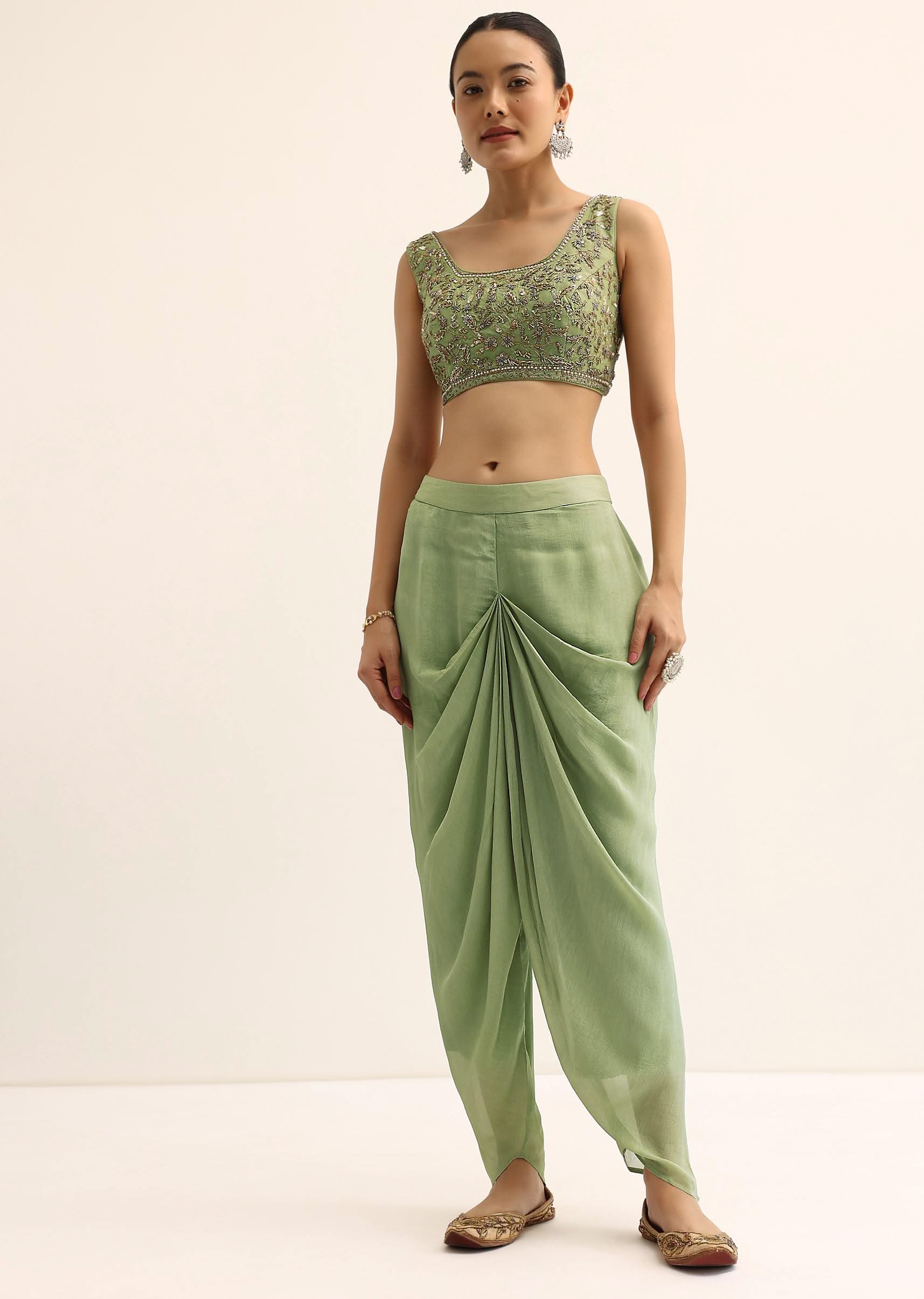 Green Embroidered Silk Croptop With Jacket And Dhoti Set