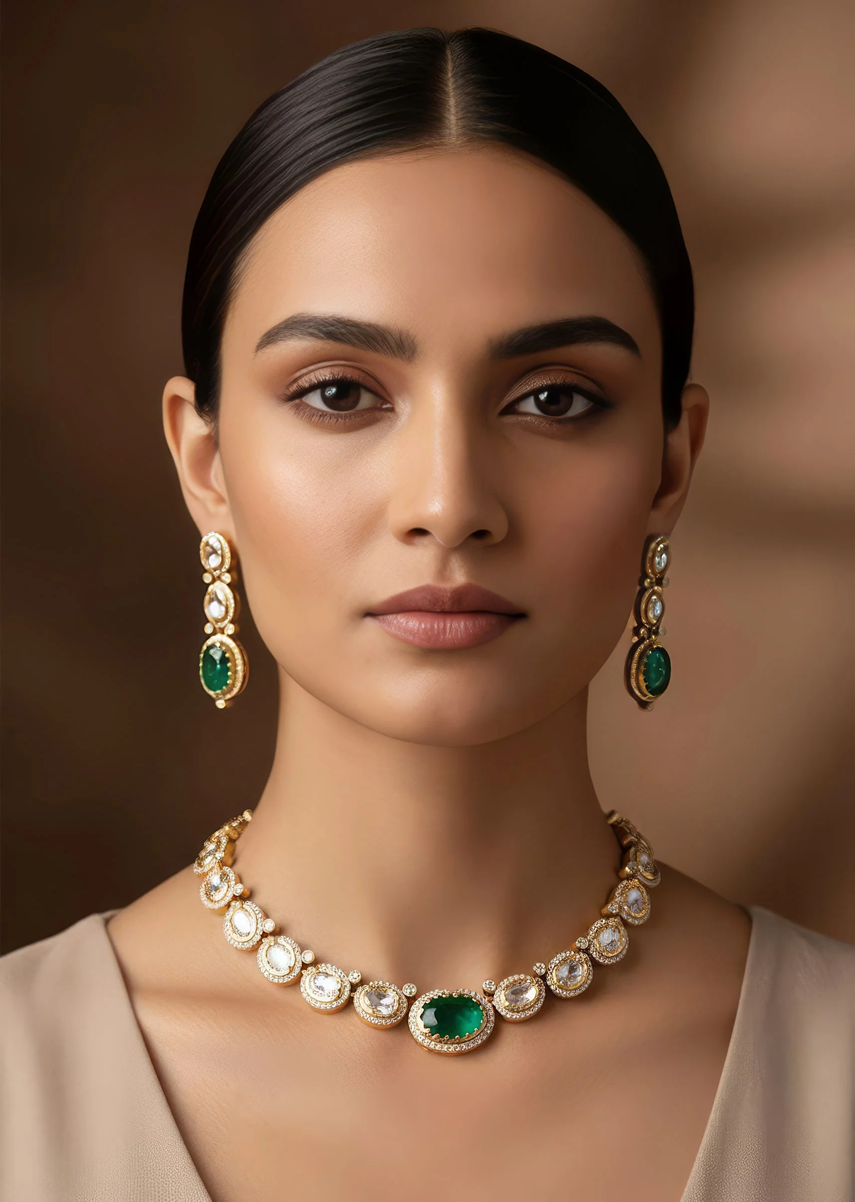 960-green-and-gold-finish-necklace-set-in-polki-with-emerald-accents-1.webp Green and Gold Finish Necklace Set In Polki With Emerald Accents
