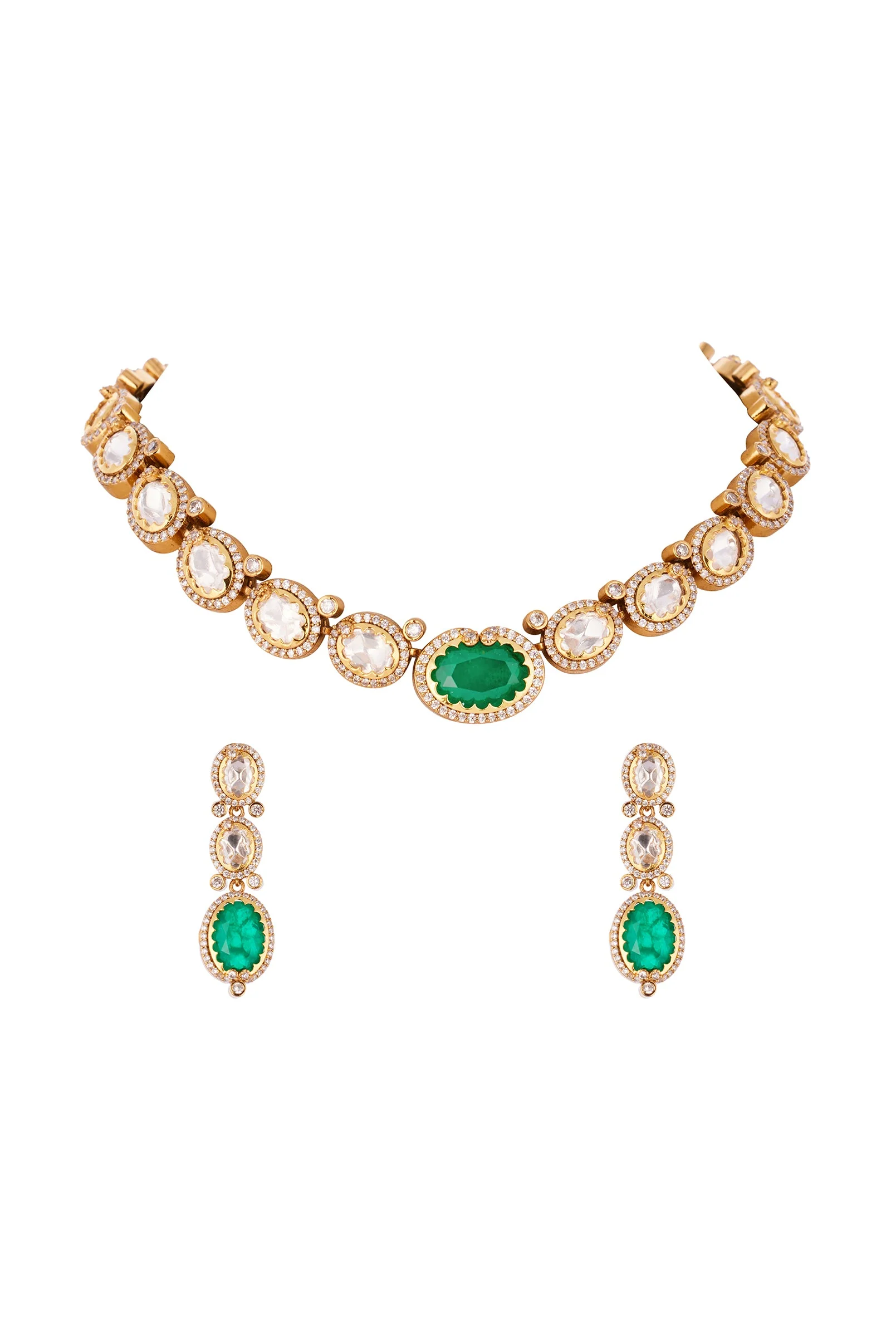 960-green-and-gold-finish-necklace-set-in-polki-with-emerald-accents-2.webp Green and Gold Finish Necklace Set In Polki With Emerald Accents