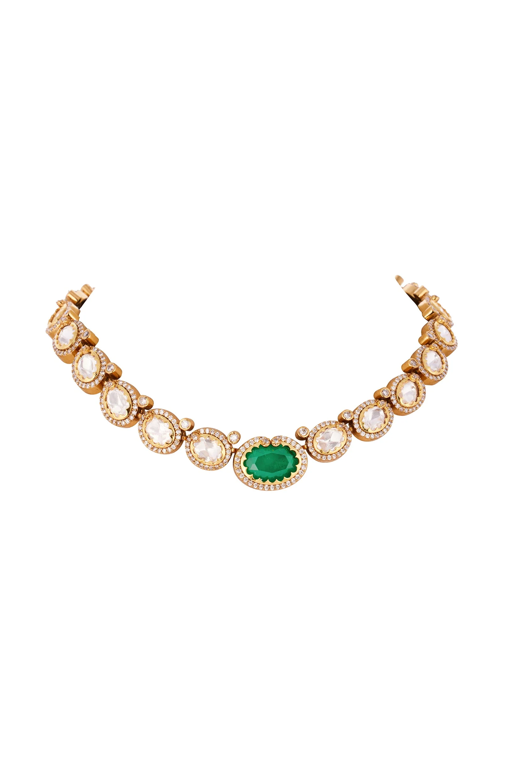 960-green-and-gold-finish-necklace-set-in-polki-with-emerald-accents-3.webp Green and Gold Finish Necklace Set In Polki With Emerald Accents