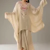Beige Thread Embroidered Top and Dhoti Skirt Set