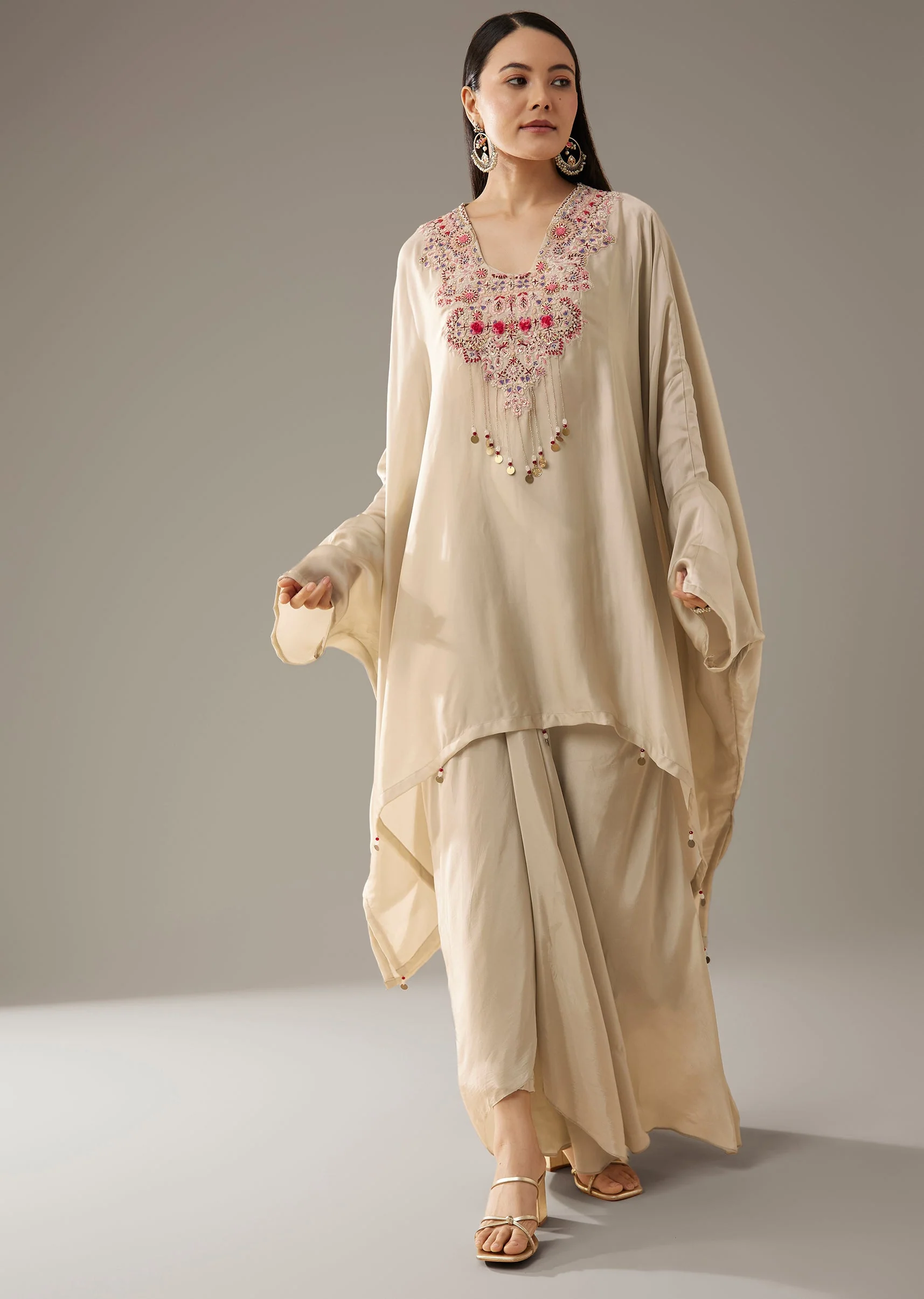Beige Thread Embroidered Top and Dhoti Skirt Set