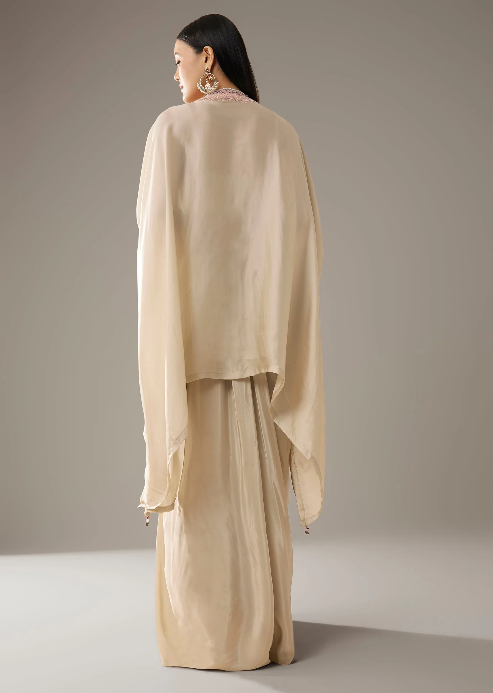 Beige Thread Embroidered Top and Dhoti Skirt Set