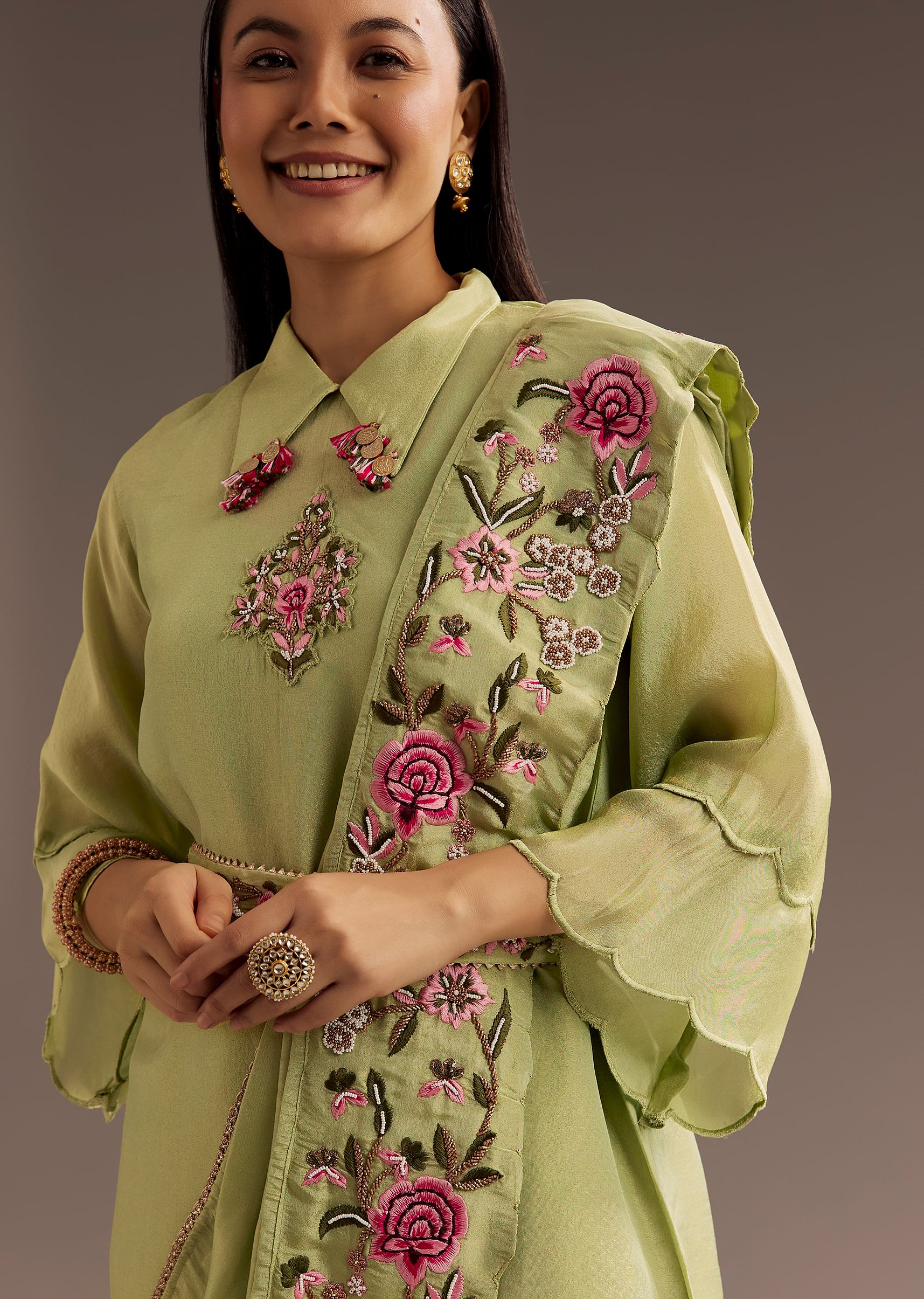 Light Green Zardosi Motif Kurta Dupatta Belt Set