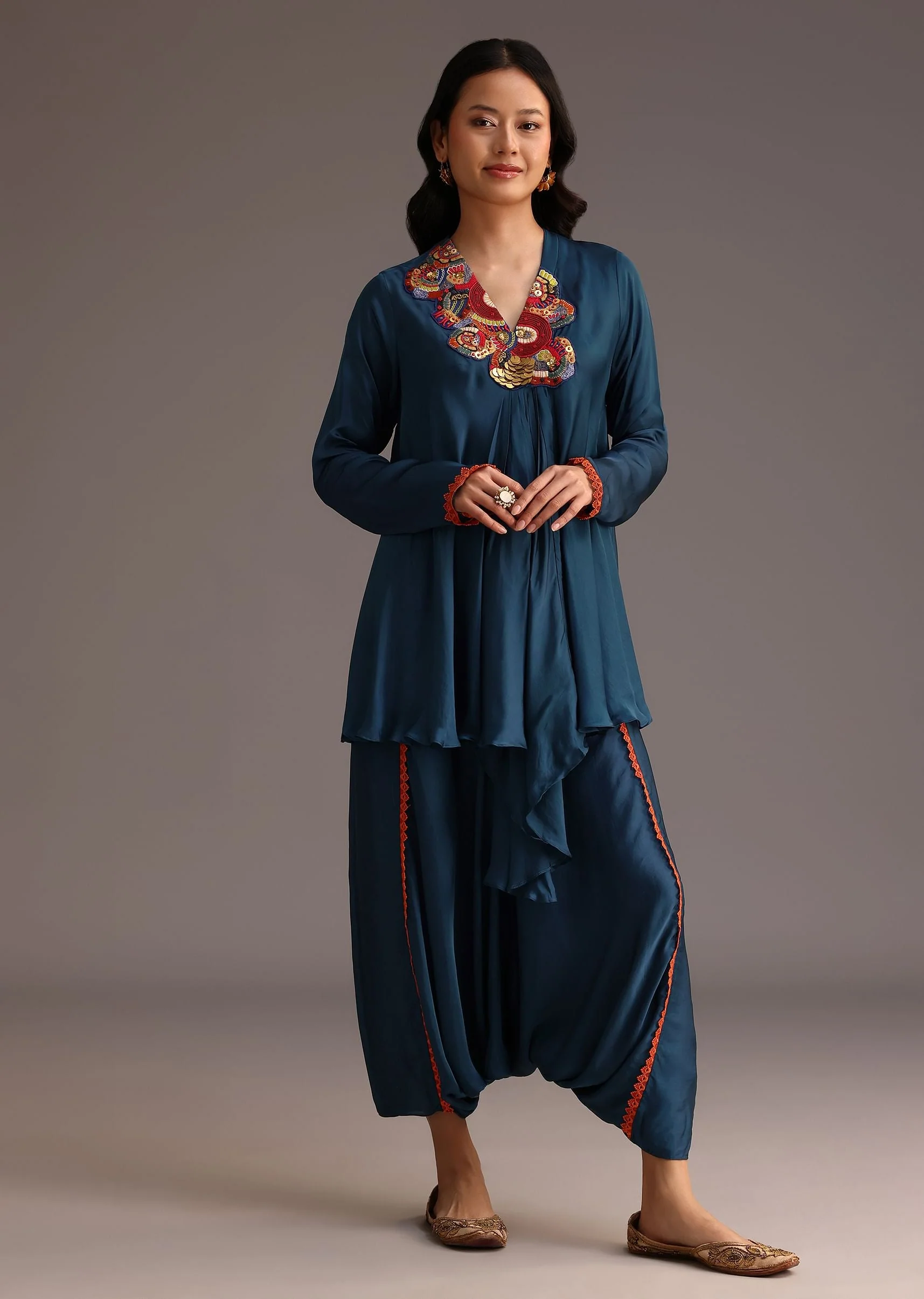 9619-teal-resham-work-kurti-and-bohemian-dhoti-1.webp Teal Resham Work Kurti And Bohemian Dhoti