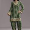 Green Printed Crepe Dhoti Set With Keyhole Neck