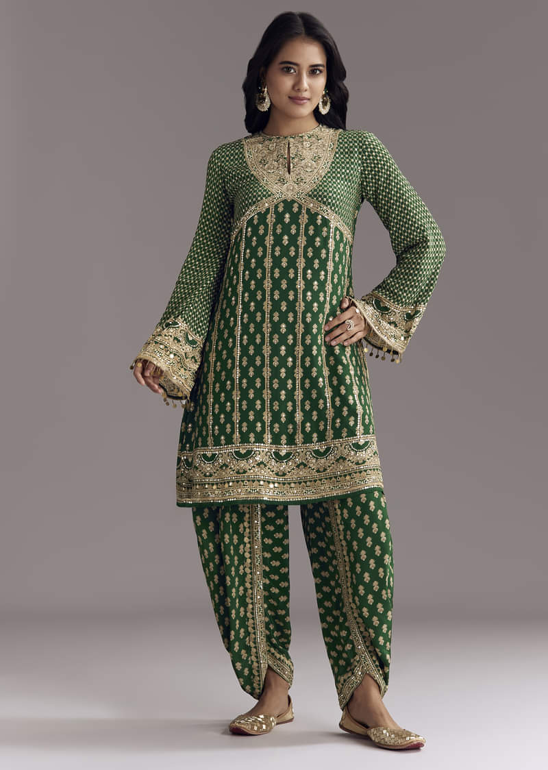 9631-green-printed-crepe-dhoti-set-with-keyhole-neck-1.jpg Green Printed Crepe Dhoti Set With Keyhole Neck