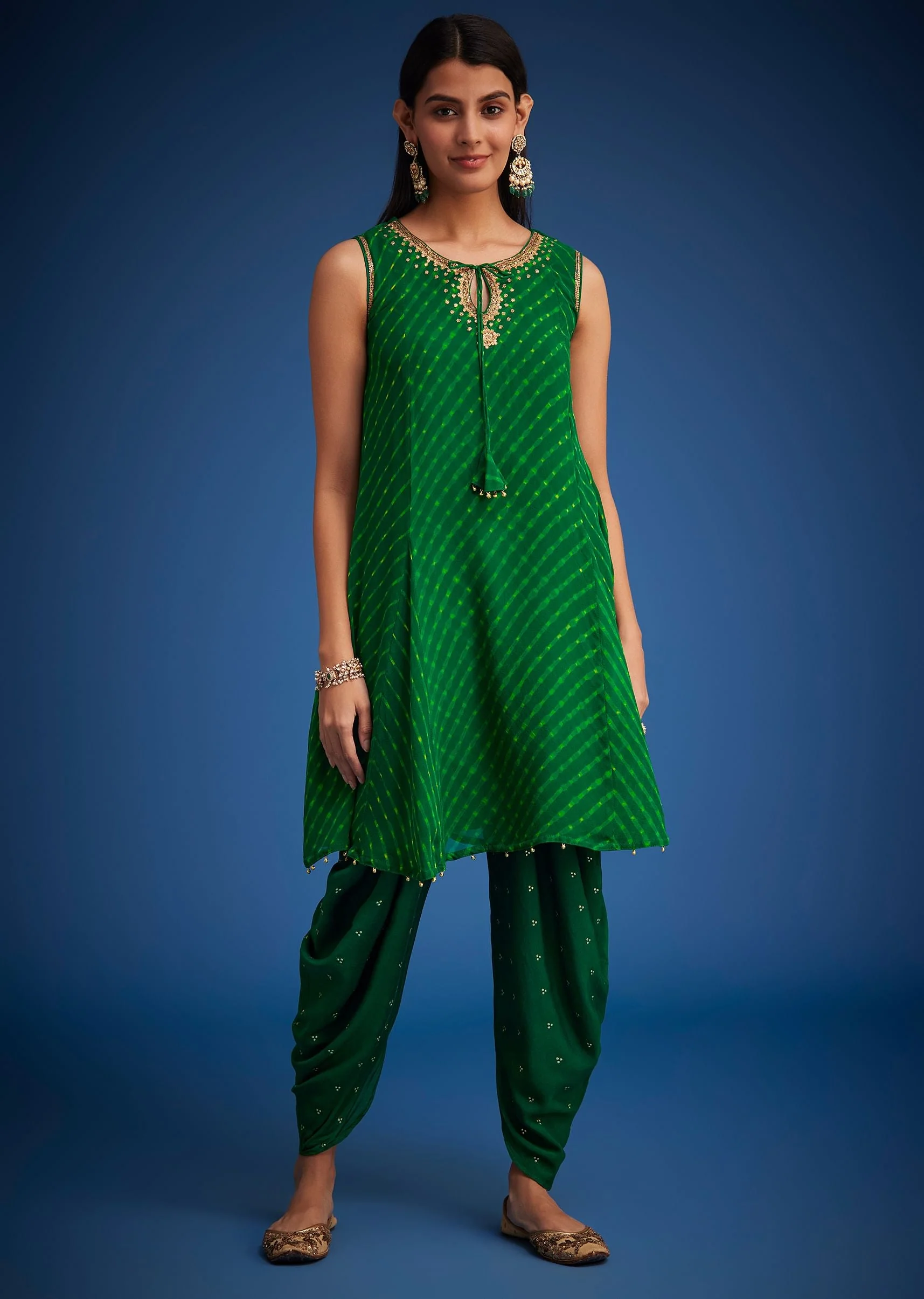 Green Georgette Leheriya Embroidered Dhoti Set