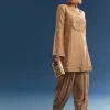 Brown Chanderi Embroidered Kurta Set With Crepe Dhoti And Gotta Detailing