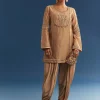 Brown Chanderi Embroidered Kurta Set With Crepe Dhoti And Gotta Detailing