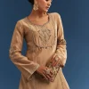 Brown Chanderi Embroidered Kurta Set With Crepe Dhoti And Gotta Detailing