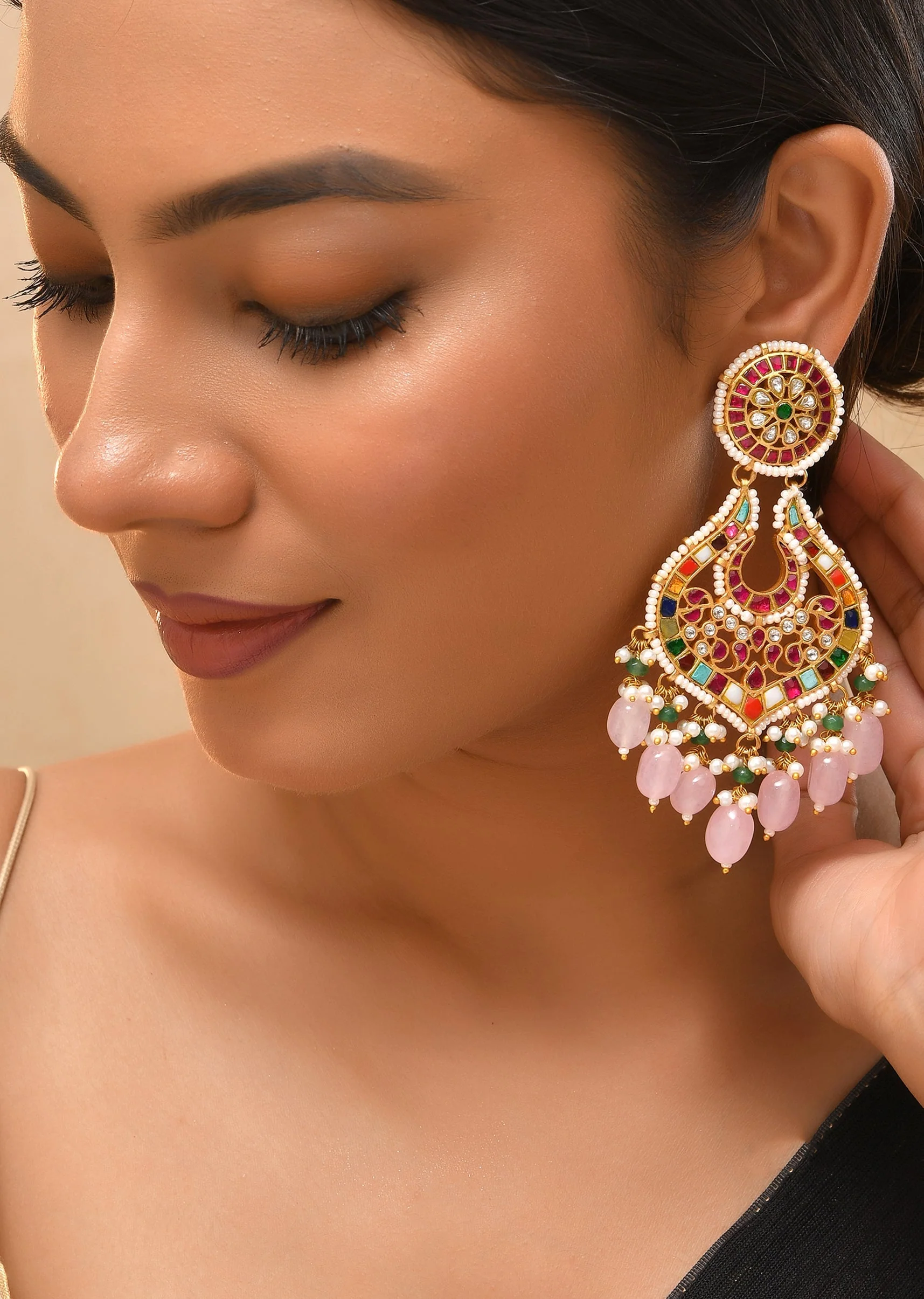 Multi Baby Pink Earrings With Pachi Kundan