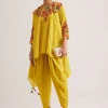 Yellow Silk Kurta Dhoti Set With Resham Embroidery And Tassel Details
