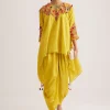 Yellow Silk Kurta Dhoti Set With Resham Embroidery And Tassel Details
