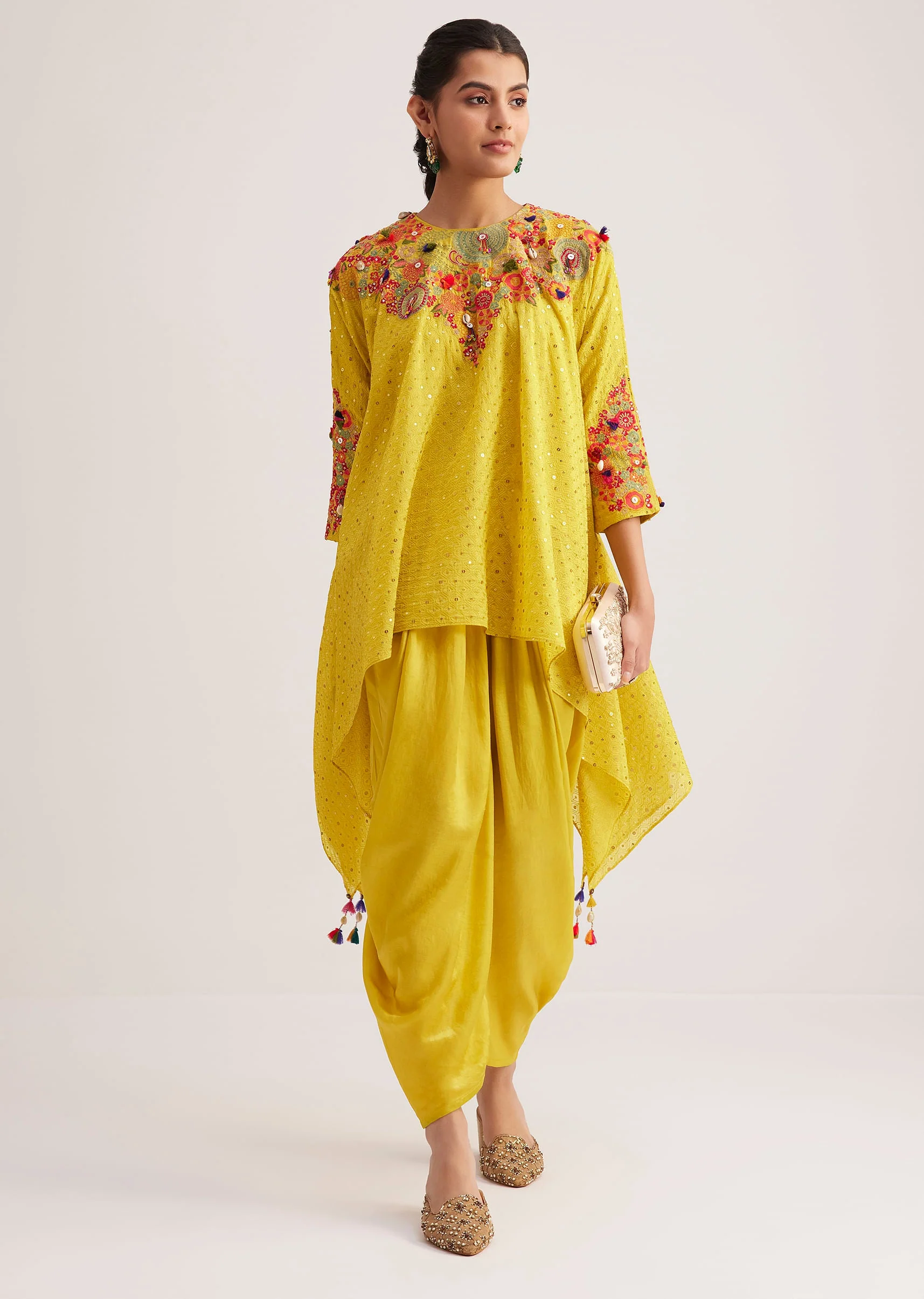 Yellow Silk Kurta Dhoti Set With Resham Embroidery And Tassel Details