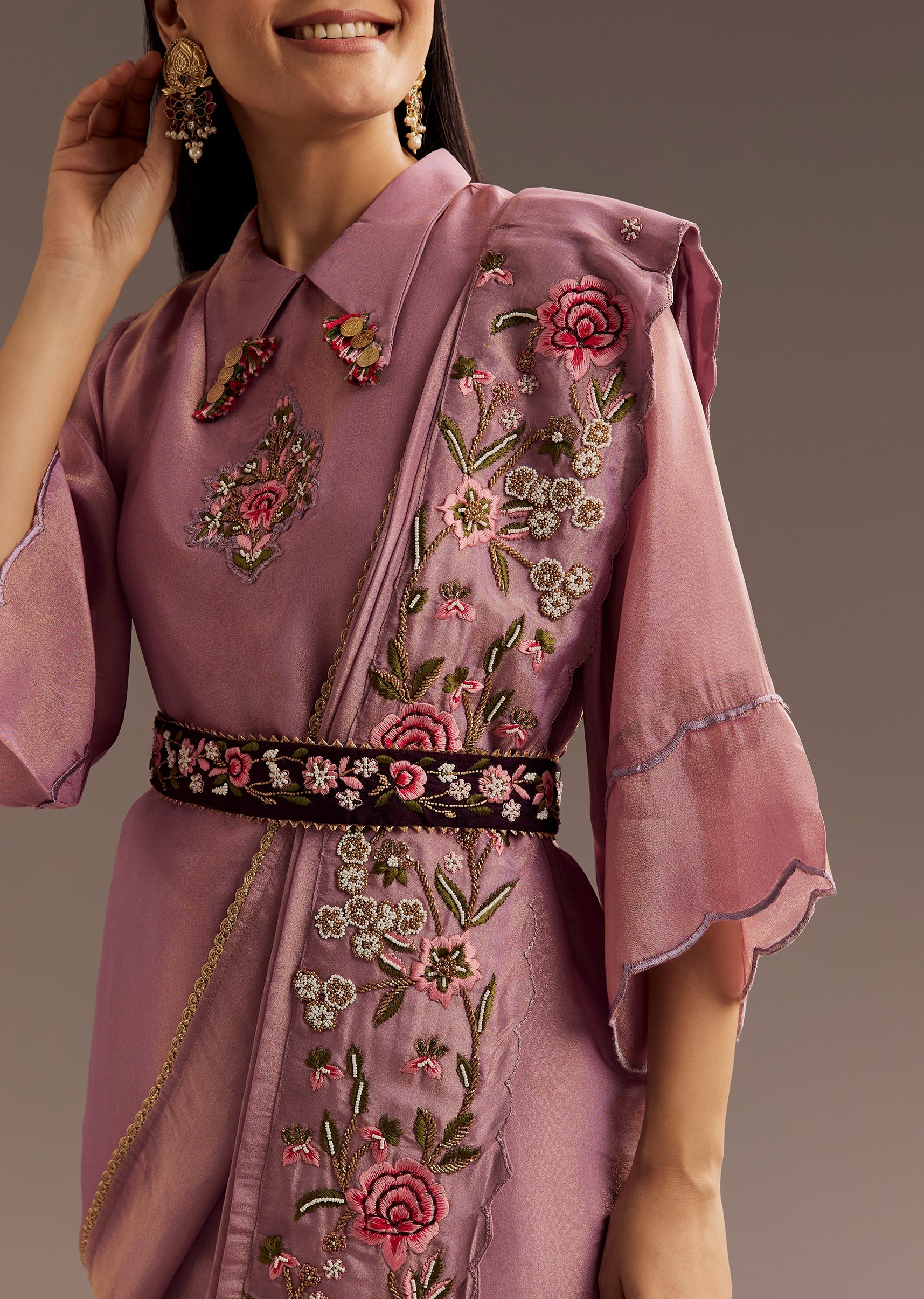 Lilac Zardosi Motif Kurta Dupatta Belt Set