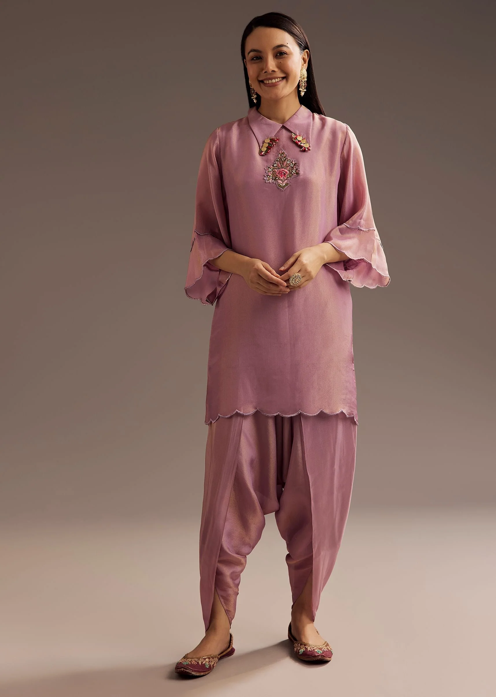 Lilac Zardosi Motif Kurta Dupatta Belt Set