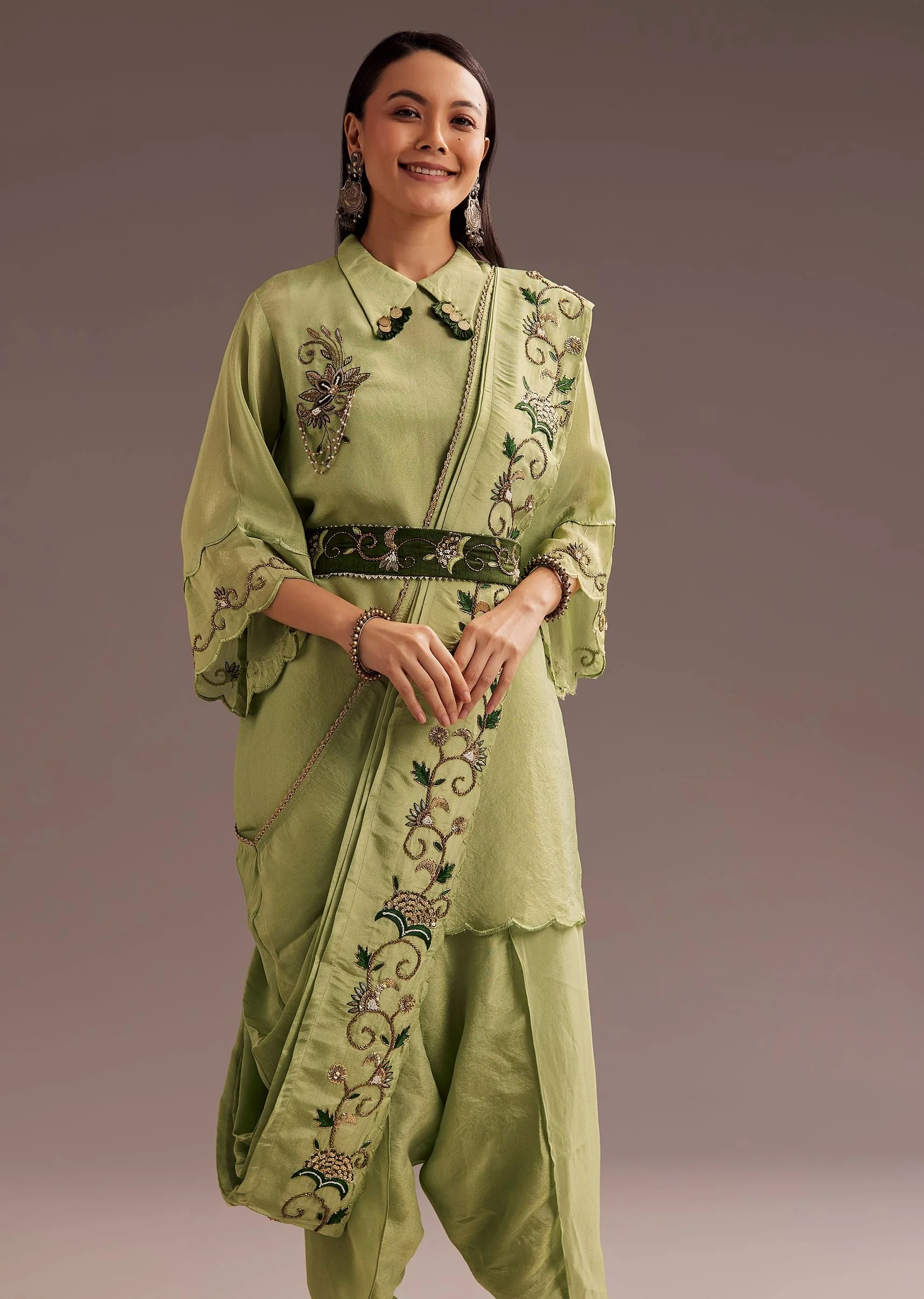 Light Green Zardosi Kurta With Embroidered Dupatta Belt