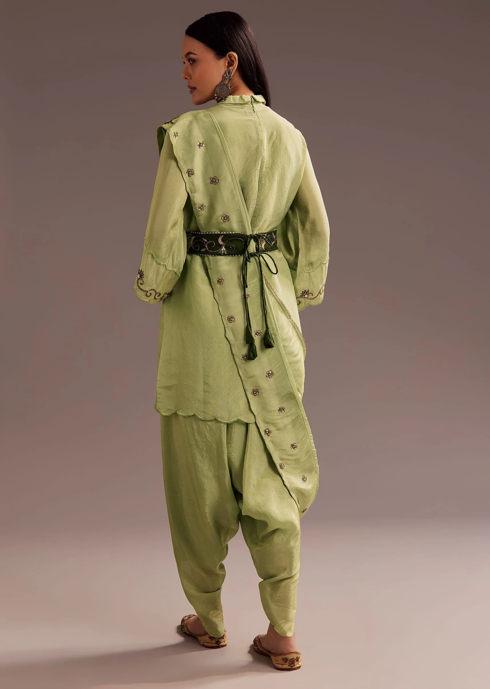 Light Green Zardosi Kurta With Embroidered Dupatta Belt
