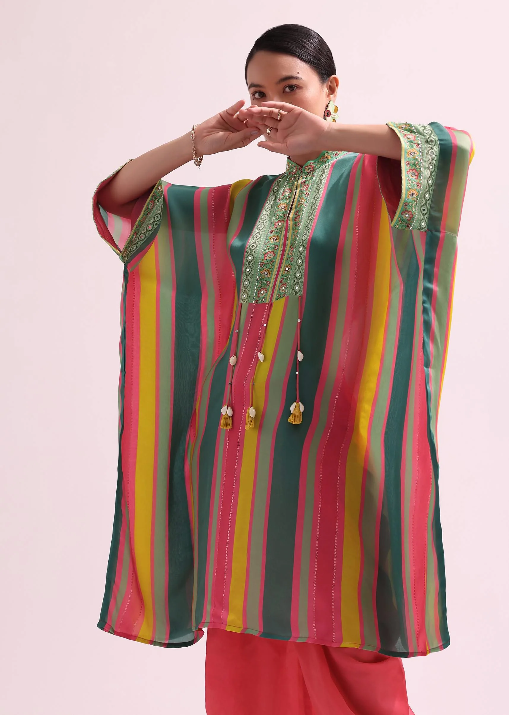 Green Multicolored Embroidered Dhoti Set