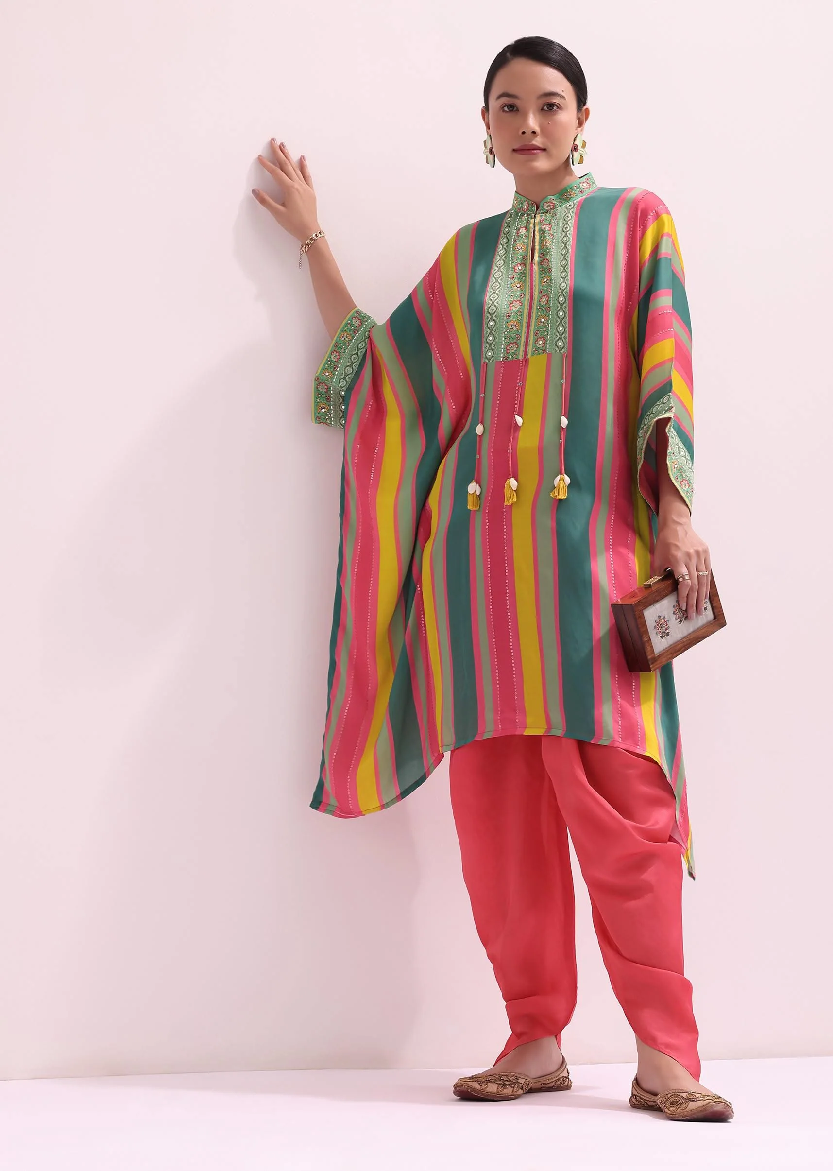 Green Multicolored Embroidered Dhoti Set